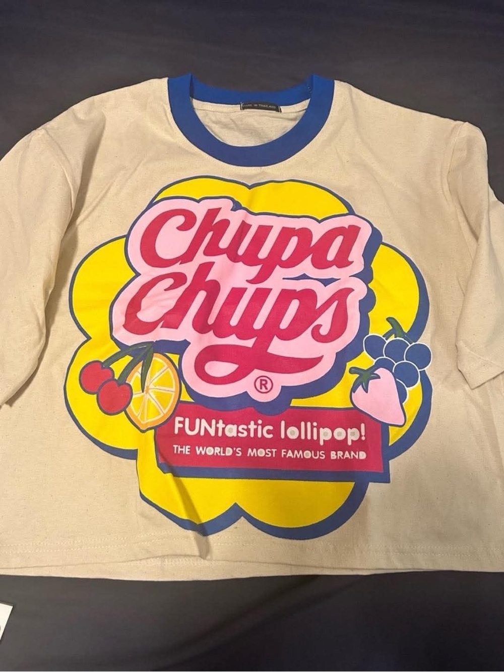 Graphic Crop Tee with Blue collar Trim